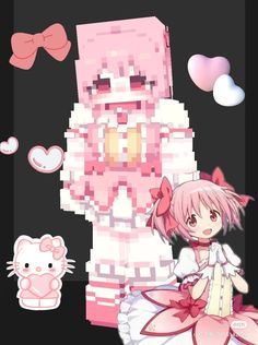 an anime character with pink hair sitting next to a hello kitty doll and other items