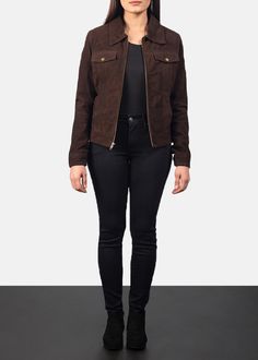 Reminiscent of retro and a twist of modern vibes, this Suzy Mocha Suede Jacket has all the cool elements of a women's wardrobe essential. Made in goatskin suede leather, this piece has a quilted viscose lining, shirt style collar, four outside pockets, zipper closure and snap-button cuffs. The dark chocolate brown, gives a deep richness that makes this a piece that will give you several super stylish looks. It's all about youth, freshness and effortlessness with this unique piece. Brown Leather Jacket With Suede Lining For Work, Workwear Leather Jacket With Suede Lining, Casual Suede Fitted Biker Jacket, Casual Fitted Suede Biker Jacket, Brown Suede Leather Jacket For Work, Luxury Outerwear With Suede Lining For Fall, Fitted Suede Outerwear For Work, Winter Suede Biker Jacket For Workwear, Suede Biker Jacket For Workwear In Winter