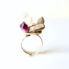 Mineral Statement Ring with Amethyst, Quartz and Pyrite/ Rough Cut Raw Stone Unisex Ring/ Amethyst Crystal and Multi Minerals One Size Ring Amethyst Gemstone Fusion Rings, Purple Gemstone Fusion Rings, Fusion Style Amethyst Gemstone Rings, Unique Amethyst Rings With Gemstone Accents, Unique Amethyst Multi-stone Rings, Unique Multi-stone Amethyst Ring, Mystical Amethyst Gemstone Rings, Spiritual Amethyst Rings With Natural Stones, Fusion Amethyst Ring For Gift