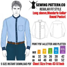 the sewing pattern is shown for men's long sleeve shirt with collar and cuffs