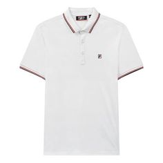 FILA Logo Solid Color Sports Short Sleeve Knitted Polo Shirt For Men White F11M021121G-WT (Men's) White Casual Polo Shirt With Ribbed Collar, Classic White Sports Top, White Cotton Polo Shirt For Sports, Sporty White Polo Shirt With Ribbed Collar, White Polo Shirt With Ribbed Collar, White Crew Neck Polo Shirt With Ribbed Collar, White Ribbed Collar Crew Neck Polo Shirt, White T Shirt Men, Knitted Polo Shirt