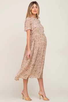 Beige Floral Pleated Short Sleeve Chiffon Maternity Midi Dress – PinkBlush Maternity Midi Dress, Baby Shower Dresses, Pregnancy Maxi Dress, Pink Blush Maternity, Ruffle Sleeves, Maternity Dresses, Maternity Clothes, Pleated Skirt, Blush Pink