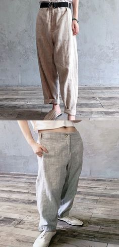 Khaki Linen Summer Autumn Women Casual Pants Comfortable Linen Harem Pants For Spring, Comfortable Relaxed Fit Linen Harem Pants, Comfortable Linen Harem Pants With Relaxed Fit, Baggy Linen Bohemian Pants, Bohemian Baggy Linen Pants, Summer Relaxed Fit Ramie Pants, Relaxed Fit Ramie Pants For Summer, Comfortable Baggy Linen Pants, Summer Ramie Bottoms