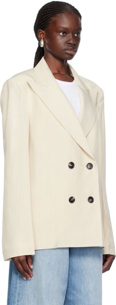 Plain-woven viscose blazer. · Peaked lapel · Double-breasted button closure · Seam pockets · Padded dropped shoulders · Central vent at back hem · Welt pockets at interior · Full satin lining Supplier color: Cream white Cream Blazer With Double Button And Notch Lapel, Cream Blazer With Notch Lapel And Hidden Buttons, Cream Business Blazer With Double Button Closure, Business Cream Blazer With Double Button Closure, Cream Notch Lapel Blazer With Hidden Buttons, Cream Double Button Blazer For Business, Cream Blazer With Double Button Closure For Business, Cream Lapel Collar Blazer With Single Button, Cream Blazer With Single Button And Lapel Collar