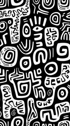 an abstract black and white background with many different designs on it, including the letters