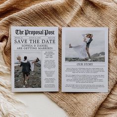 two wedding brochures sitting on top of a blanket next to each other with the words save the date printed on them