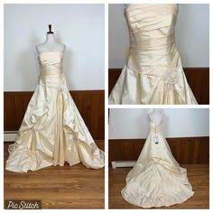 three pictures of a wedding dress on a mannequin