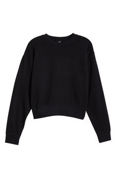 This cotton-rich fleece sweatshirt is indeed as soft as a cloud, and you'll find you're still wearing it long after you've left the gym. 24" length (size Medium) Crewneck Long sleeves Ribbed cuffs and hem 72% cotton, 25% polyester, 3% spandex Machine wash, tumble dry Imported Long Sleeve Sweatshirt For Gym In Winter, Black Relaxed Fit Sweats In French Terry, Cozy Black Sweats For Fall, Oversized Fleece Sweatshirt For Workout, Casual Fleece Sweatshirt For Workout, Black French Terry Sweatshirt In Relaxed Fit, Black Sweats With Ribbed Cuffs In French Terry, Black Relaxed Fit French Terry Sweatshirt, Black French Terry Sweats With Ribbed Cuffs