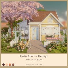 a painting of a house with a bicycle parked in the front yard and flowers around it