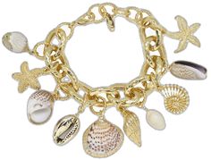 Gold Metal Charm Bracelet For Beach, Gold Charm Bracelet With Lobster Clasp For Beach, Beach Jewelry With Dangling Metal Charms, Shell Charms Jewelry, Elegant Gold Shell Bracelets, Elegant Gold Shell With Lobster Clasp, Gold Plated Dangle Charm Bracelet With Lobster Clasp, Gold-plated Charm Bracelet With Lobster Clasp, Gold-tone Gold-plated Charm Bracelet With Lobster Clasp