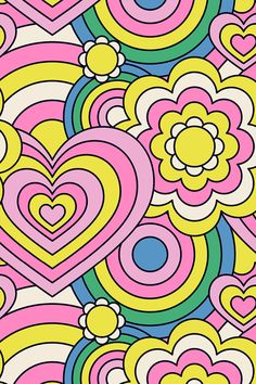 an abstract background with hearts and flowers in pink, yellow, blue, green, and white