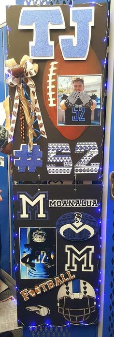 a football themed locker with pictures and lights