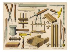 an antique print of woodworking tools