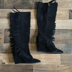 Denim And Supply Darcie Fringe Suede Leather Black Wedge Knee High Boots Sz 7.5 Pre Owned Pls See Pics For Condition And Wear Scuffs And Discoloration On Leather Suede Leather Fringe And Upper And Wrapped Heels Zipper Side, Elastic On Calf 3" Wedge Heel 18" Length 15.5" Calf Circumference Bin#5 Bin#5 Fringe Boots, Black Wedge, Ralph Lauren Shoes, Denim And Supply, Leather Fringe, Shoes Heels Boots, Wedge Heels, Knee High Boots, High Boots