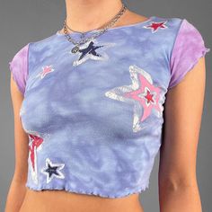 y2k-kawaii-fashion-2000s Stars Print Crop Top-Purple-S-Pinky Dollz Casual Stretch Top With Star Print, Trendy Star Print Summer Tops, Trendy Fitted Tops With Star Print, Trendy Star Print Tops For Summer, Fitted Star Print Summer Tops, Fitted Star Print Tops For Summer, Trendy Spring Top With Star Print, Fitted Star Print T-shirt For Summer, Trendy Spring Star Print Top