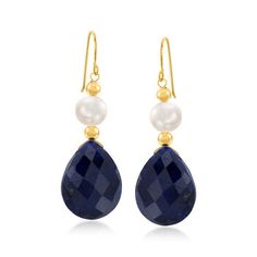 Ross-Simons - 20.00ct t.w. Sapphire, Cultured Pearl Earrings in 14kt Yellow Gold. Three traditional treasures come together in a classy pair of earrings: 20.00 ct. t.w. faceted, pear-shaped sapphire, 6-7mm cultured freshwater pearls, and 14kt yellow gold beads. Hanging length is 1 3/8". Earwire, 14kt yellow gold earrings. Pearl birthstones are the perfect gift for June birthdays. Classic Dangle Earrings With High Luster, Fine Jewelry Briolette Earrings For Evening, Classic High Luster Drop Earrings, White Gold Briolette Earrings, Elegant 14k Gold Pear Shaped Earrings, Classic Teardrop High Luster Jewelry, Formal Briolette Earrings With High Luster, Briolette Fine Jewelry Earrings, High Luster Briolette Earrings For Formal Occasions