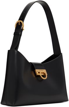 Polished calfskin shoulder bag in black. · Adjustable pin-buckle shoulder strap · Logo hardware at face · Foldover tab with flip-clasp closure · Zip pocket and patch pocket at interior · Calfskin lining · Gold-tone hardware · H7.5 x W12.5 x D3 in Supplier color: Nero Timeless Business Shoulder Bag With Gold-tone Hardware, Calf Leather Tote Shoulder Bag With Branded Hardware, Leather Shoulder Bag With Branded Hardware For Business, Classic Business Bags With Metal Hardware, Business Flap Shoulder Bag With Branded Hardware, Timeless Tote Shoulder Bag With Turn-lock Closure, Classic Office Shoulder Bag With Metal Hardware, Classic Shoulder Bag With Metal Hardware, Classic Shoulder Bag With Gold-tone Hardware For Work