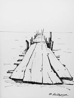 a black and white drawing of a long dock in the middle of water with no people on it