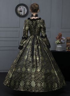 Women Gold Floral Brocade Victorian Vampire Dress     Condition: Brand New   Color:Black and Gold Floral   Material: This dress made of High Quality Brocade and Thick Satin, soft,smooth and comfortable to wear   Sleeve Length: Long Flare Sleeve   Dresses Length:Floor-Length   Neckline:  Square Collar   Decoration: Ruffles + Lace + Bandage   Package Includes: Dress + Neck ornament     The length of skirt about 45 inches (114 cm) long from waist to hem regardless of size. This dress is pictur Medieval Square, Historical Dresses Victorian, Gothic Victorian Dresses, Vampire Dress, Victorian Vampire, Antoinette Dress, Bustle Dress, Hoop Skirt, Dress Neck