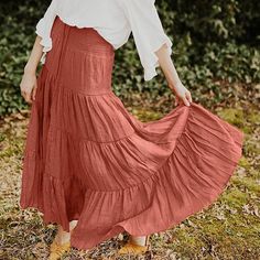 Rust Red Bohemia Pleated High Waist Maxi Skirt Casual Red Maxi Skirt For Fall, Red Flared Maxi Skirt For Beach, Bohemian Long Skirt In Solid Color, Red Flared Maxi Skirt For The Beach, Casual Red Non-stretch Maxi Skirt, Casual Non-stretch Red Maxi Skirt, Bohemian Long Skirt Solid Color, Non-stretch Red Bohemian Skirt, Bohemian Red Non-stretch Skirt