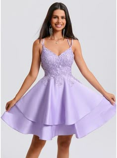 JJ's House Appliques Lace Satin V-Neck Fall Spring Summer A-line General Plus Crossed Straps Elegant Beautiful Back Lilac Height:5.8ft（176cm） Bust:32in（82cm）Waist:24in（61cm）Hips:35in（89cm） No Short Purple Sleeveless Homecoming Dress. #JJ's House #AppliquesLace #Satin #VNeck #Fall #Spring #Summer #Aline #General #Plus #CrossedStraps #Elegant #BeautifulBack #Lilac #No #Short #Purple #Sleeveless #HomecomingDress Spring V-neck Homecoming Mini Dress, V-neck Homecoming Dress, Fit And Flare V-neck Mini Dress For Formal Occasions, Loose Homecoming Dresses, Purple Formal Dress Short, Purple Bridesmaid Dresses Short, Homecoming Dresses Purple, Lilac Homecoming Dress, Pastel Purple Dress