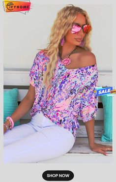 Pink Loose Painted Floral Tee Purple V-neck Top For Vacation, Summer Purple Printed Tops, Summer Printed Purple Tops, Purple Printed Summer Top, Purple Summer Beach Blouse, Purple Summer Blouse For The Beach, Casual Purple Summer Blouse, Casual Purple Blouse For Summer, Purple Printed Summer Blouse