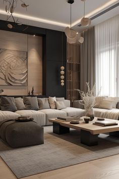 a modern living room with large sectional couch and coffee table in the center, along with an abstract painting on the wall