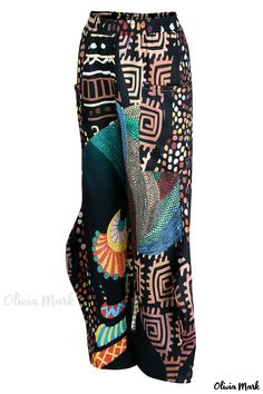 Olivia Mark - Pantalones rectos de talle alto para mujer en negro con estampado informal de diseño patchwork Multicolor Pants For Workwear, Multicolor Trousers For Workwear, Multicolor Workwear Pants With Pockets, Multicolor Casual Workwear Pants, Multicolor Trousers For Work, Multicolor Straight Pants For Workwear, Multicolor Straight Pants For Work, High Waist Multicolor Workwear Bottoms, High Waist Multicolor Bottoms For Work