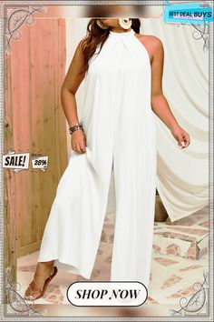 Plus Size Sleeveless Halter Neck Wide Leg Jumpsuit White Stretch Halter Neck Jumpsuits And Rompers, White Strapless Sleeveless Jumpsuit For Spring, Spring Strapless Halter Neck Jumpsuit, Strapless Sleeveless Stretch Jumpsuit In Solid Color, Sleeveless Solid Color Jumpsuit For Summer, White Strapless Sleeveless Jumpsuit For Summer, Elegant Sleeveless Strapless Jumpsuit For Beach, Sleeveless Beach Jumpsuits And Rompers, Sleeveless Non-stretch Solid Color Jumpsuits And Rompers