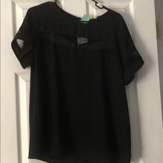 Black Short Sleeved With Lace Inserts Across The Top And On The Sleeves Tops Black, Lace Insert, Black Shorts, Lace Detail, Crescent, The Top, Checks, Top Blouse, Blouses