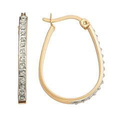 Diamond accents illuminate these pear-shaped hoops. Comes in a gift box.Earring Details: Length: .87 in. Backings: click-it Metal: 18k gold over sterling silver Model no. SDF21614Y Diamond Details: Total weight: less than 1/10 ct. Cut: round Image(s) may be enlarged to show detail. Diamond weights are approximate. Diamond total weights may vary between .01 and .08 ct. Some diamonds have fewer than 17 facets.Gemstones may have been treated to enhance their appearance. Special care may be required Silver Model, Diamond Hoop Earrings, Fine Earrings, Jewelry Earrings Hoops, Silver Diamonds, Pear Shaped, Sterling Silver Earrings, Silver Earrings, Silver Bracelet