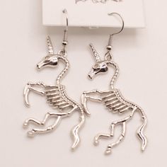 Handmade Earrings Style: Unicorn Skeleton Horse Earrings Comes With Organza Bag New Makes A Great Gift For Any Occasion Or Holiday! Don't Forget To Check Out My Other Styles! Keywords: Unicorn, Skeleton, Horse, Halloween, Present, Hanging, Earring, Drop, Birthday, Gift, Handmade, Made In Usa, Nj Artist, Female Owned, Artisan, Craft Trendy Silver Halloween Earrings, Skeleton Horse, Unicorn Skeleton, Horse Halloween, Halloween Unicorn, Skull Moth, Hanging Earring, Horse Earrings, Unicorn Halloween