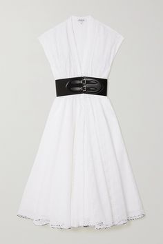 Alaïa's dress is cut from crisp cotton and detailed with laser-cut broderie anglaise. It's defined by a corset-inspired leather belt that accentuates your waist before falling to a voluminous midi skirt. Complement the plunging V-neckline with a long pendant necklace. Alaia Dress, Fashion Guide, Cotton Midi Dress, Long Pendant Necklace, Long Pendant, Fashion Woman, White Midi Dress, Net A Porter, Women Collection