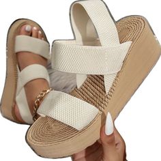 Comfortable Beige Wedge Sandals With Round Toe, Casual Beige Open Toe Wedge Sandals, Cream Round Toe Sandals For Beach Season, Cream Round-toe Sandals For Beach Season, Casual Beige Flat Heel Wedge Sandals, Comfortable Beige Sandals For Outings, Chic Beige Wedge Sandals For Summer, Casual Beige Wedge Sandals With Flat Heel, Beige Platform Sandals For Outings