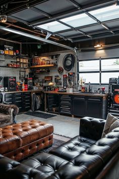 a garage with leather furniture and lots of storage