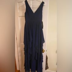 Navy/Midnight Blue, Never Worn Bridesmaid Dress. Ruffled Bottom, Long, Thick Straps Blue Ruffled Evening Dress For Bridesmaids, Navy Ruffled Dress For Party, Navy Party Dress With Ruffles, Dusty Purple Dress, Ruffles Bridesmaid Dresses, Purple Long Sleeve Dress, Beachy Dresses, Burgundy Maxi Dress, Backless Bodycon Dresses