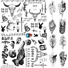 an assortment of tattoo designs and tattoos on white paper with black ink, including skulls, arrows