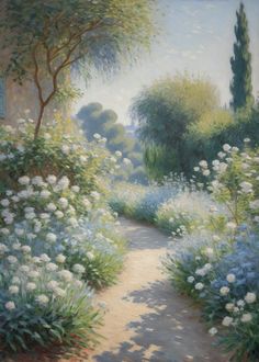 an oil painting of a garden path with white flowers and trees on either side of it