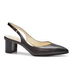 Classic Formal Slingback Pumps With Contrasting Heel, Classic Slingback Pumps With Contrasting Heel For Evening, Formal Calf Leather Slingback Pumps With 4-inch Heel, Elegant Slingback Pumps With 4-inch Block Heel, Formal Leather Slingback Pumps With Contrasting Heel, Classic High Heel Slingback Pumps With Contrasting Counter, Classic Slingback Pumps With Contrasting Heel, Black Slingback Pumps With 4-inch Heel For Business, Classic Slingback Pumps With Contrasting Heel For Office