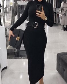 Shop High Neck Long Sleeve Slinky Midi Dress right now, get great deals at Chiquedoll. Long Sleeve Turtleneck Dress, Bodycon Dress Casual, Bodycon Casual, Outfit Chic, White Bodycon, Long Midi Dress, Looks Black, Womens Turtleneck, Career Wear