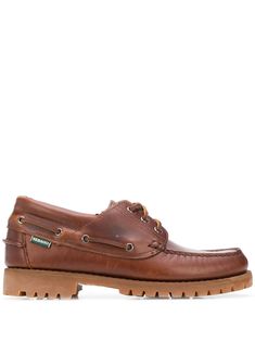 Brown leather and rubber Acadia lace-up loafers from Sebago featuring a textured style, stitching details, an embossed logo, a ridged rubber sole, a low heel, a round toe and a lace-up front fastening. | Sebago Acadia lace-up loafers Footwear Design, Stitching Details, Shoes Brown, Logo A, Boot Accessories, Replica Handbags, Embossed Logo, Sperrys, Low Heels