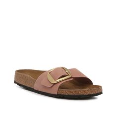 Birkenstock-Madrid Big Buckle Sandal - Women's Upgrade your classic slides with the Madrid Big Buckle sandal from Birkenstock. This pair features a casual silhouette but is elevated by an oversize goldtone buckle and a high-quality leather upper. Classic Slide Footbed Sandals For Spring, Classic Flat Footbed Sandals For Spring, Spring Slide Slippers With Buckle Closure, Classic Flat Slides With Buckle Closure, Classic Spring Footbed Sandals With Textured Footbed, Classic Slides With Buckle Closure For Spring, Classic Adjustable Slides For Spring, Madrid Big Buckle, Birkenstock Madrid Big Buckle