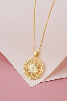 14k 18k 10k Gold Diamond Sun Medallion Necklace, You Are My Sunshine Necklace, Sunburst Necklace Celestial Jewelry, Valentines Day Gift  FEATURES• Solid Gold (real gold, not gold plated or gold filled material)• Gold Karat: 10K (417) - 14K (585) - 18K (750) (optional)• Pendant Diameter: 0.84 Inches (2.13 cm)• Available Gold Color: Yellow gold, rose gold and white gold (optional)• Diamond weight: Total .0.39 ct• Diamond color: G-H Color• Diamond clarity: SIOur gold necklaces are perfect choice fo Luxury Yellow Gold Necklaces For Anniversary, Celestial 14k Gold Medallion Jewelry, Fantasy Jewelry Art, Sun Pendant Gold, Sun Medallion, Gold Sun Necklace, Jewelry Valentines Day, Sunburst Necklace, Sun Jewelry