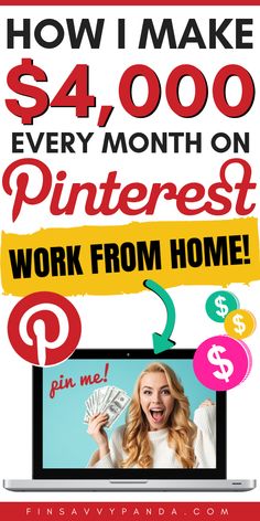 a woman holding money in front of her laptop with the words how i make $ 4, 000 every month on pinterest work from home