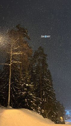 the snow is falling and it looks like they are going down the hill at night