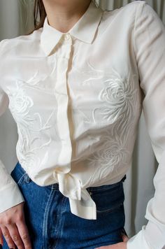 White Silk Embroidered Blouse Silk Embroidery Blouse - Etsy Silk Embroidery Blouse, Silk Bra, White Silk Blouse, Statement Blouse, Hobbs London, Blouse Silk, Curated Vintage, Embroidery Blouse, Silk Embroidery