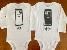 This adorable custom set is perfect for your set of twins, best friends, a couple, or a mommy and me match! The design is heat pressed onto white unisex bodysuits/shirts. This can be ordered for two girls (both with bows in the design), boy/girl (bow on salt or pepper) or two boys (no bows.) SS-SHORT SLEEVES LS-LONG SLEEVES Handmade tutus can be added! They can be made as pictured with a mix of white and black or you can get solid white and solid black. BODYSUIT SIZING: TwoTwos Treasures uses Ca Family Matching Fitted White Onesie, White Fitted Onesie For Family Matching, White Fitted Family Matching Onesie, Fun Fitted White Onesie, White Fitted Top For Gender Reveal, White Cotton Novelty Onesie, Twin Baby Costumes, Salt And Pepper Costume, Twin Shirts