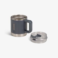 thermos mug is next to a cup with lid