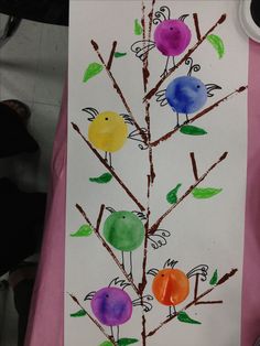 a child's drawing of two birds on a tree