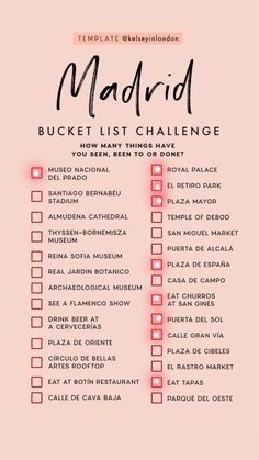 the madrid bucket list is shown on a pink background with red and black text